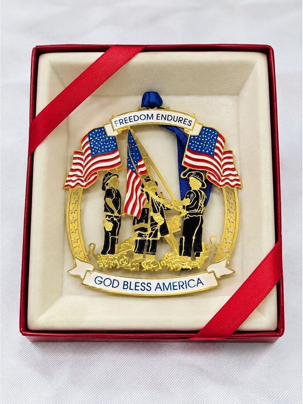 Freedom Endures God Bless America Patriotic Christmas Ornament USA Flags